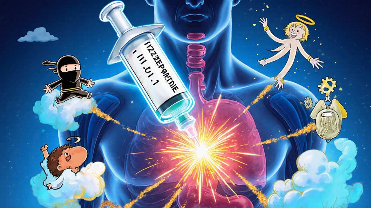 A giant syringe injects dual-helix medication into a human torso, where two cartoon hormones high-five and trigger fat-burning sparks.