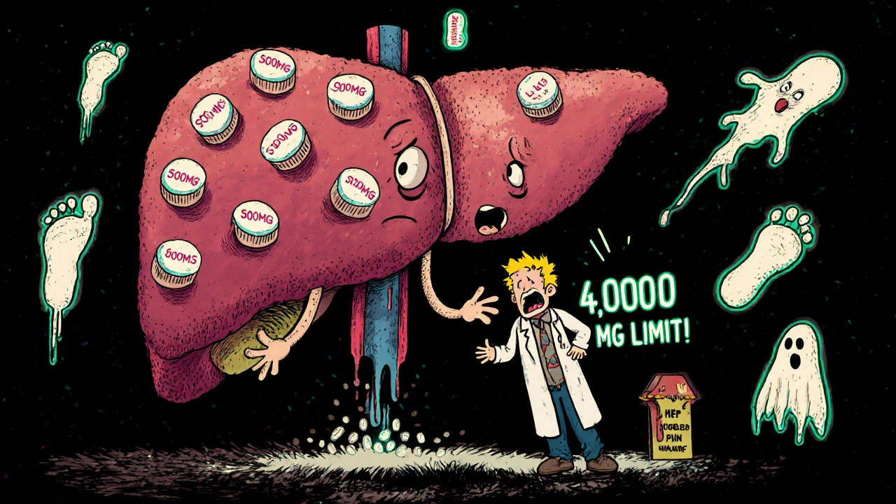A giant worried liver overwhelmed by acetaminophen pills, with foot pain ghosts floating nearby.