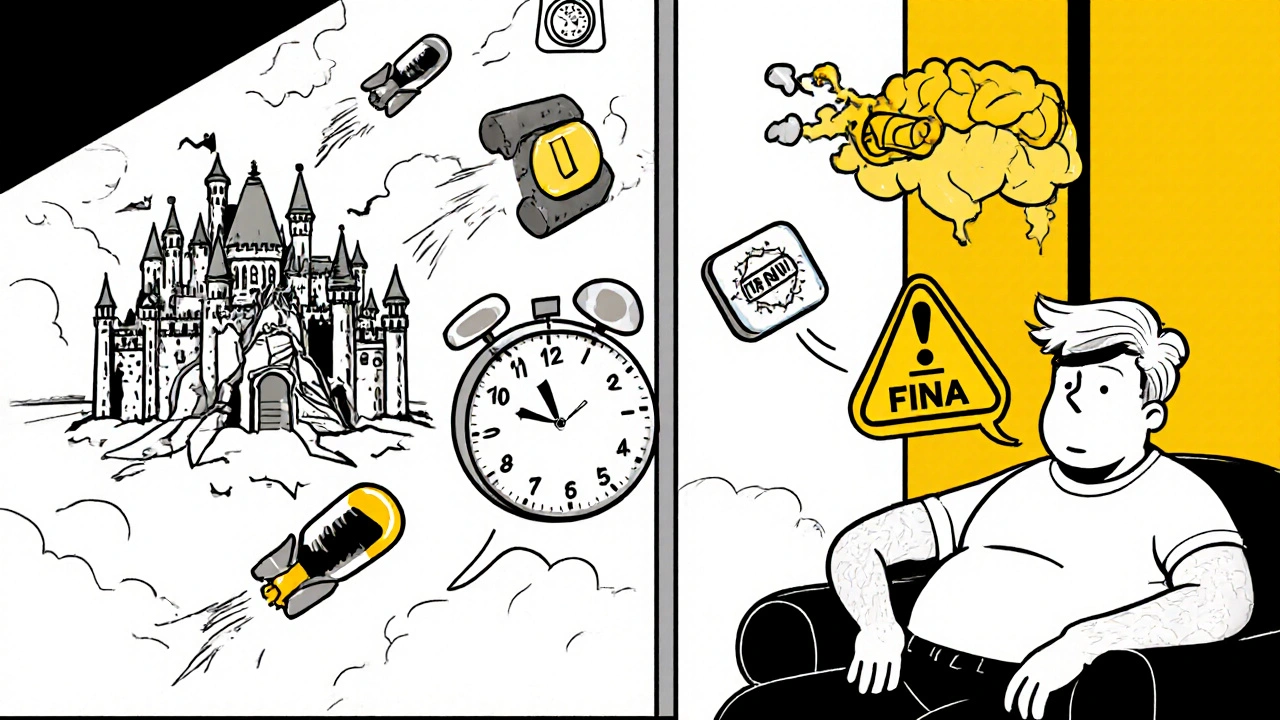 A man ignoring stroke symptoms while his brain crumbles, with medical icons floating toward him like missiles.