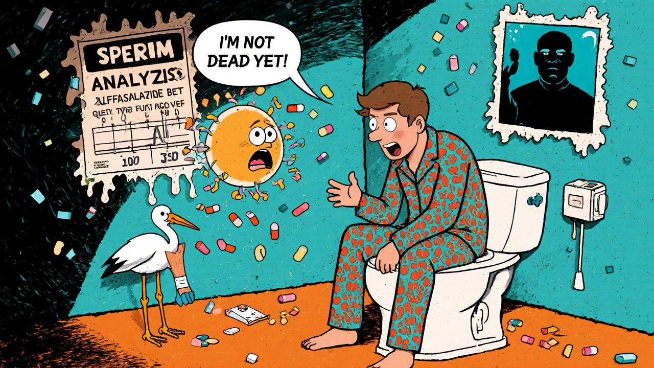 A man on a toilet shocked by a screaming sperm cell, sulfasalazine pills raining down, poster about 74-day recovery.