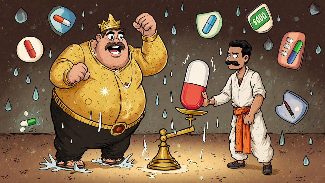 A satirical battle between a luxury drug baron and a humble Indian pharmacist holding a low-cost pill.