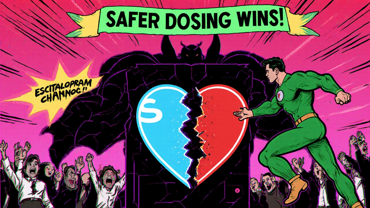 A superhero called Escitalopram Man fighting a split villain near a heart-shaped door.