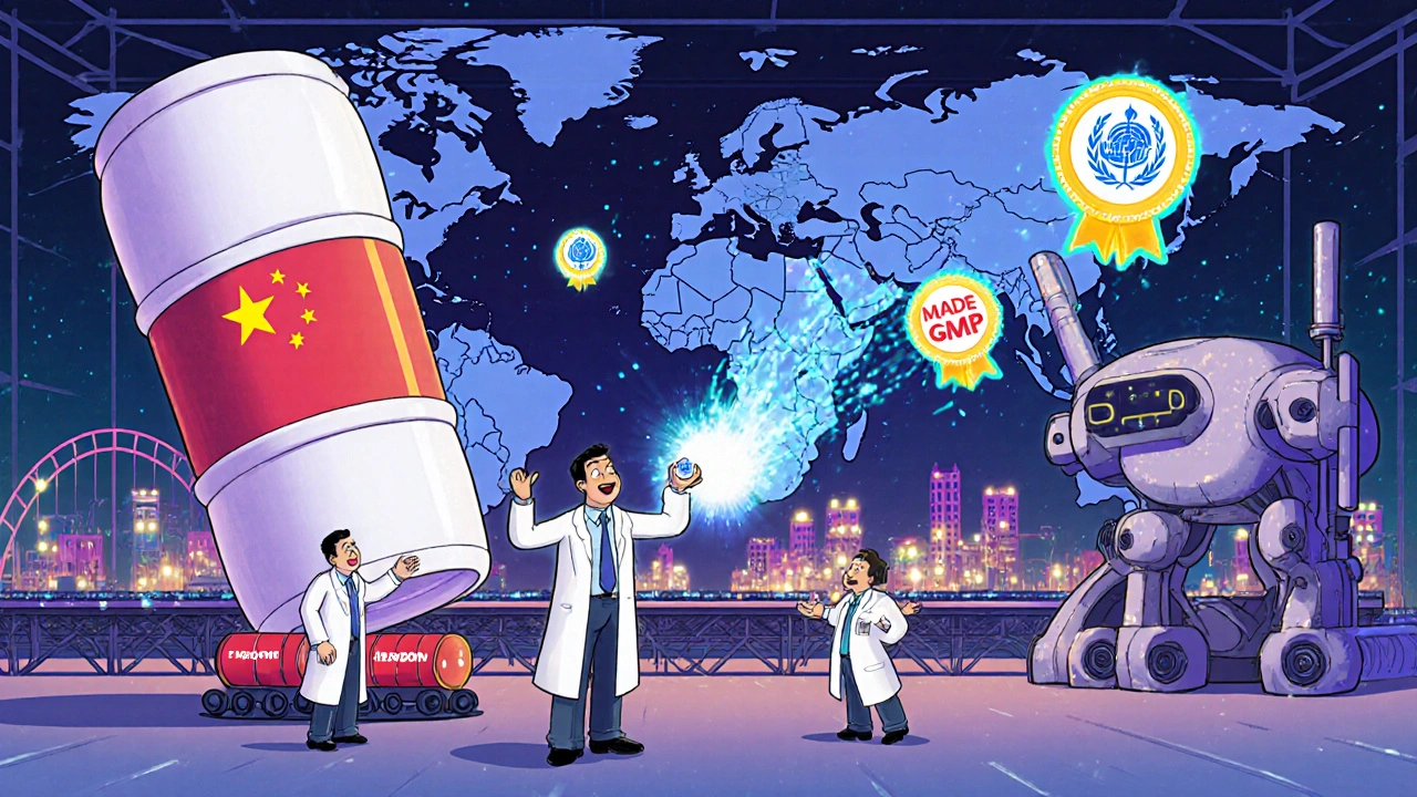 A surreal factory with giant pills rolling like rollercoasters and workers handling API barrels labeled &#039;Made in China.&#039;