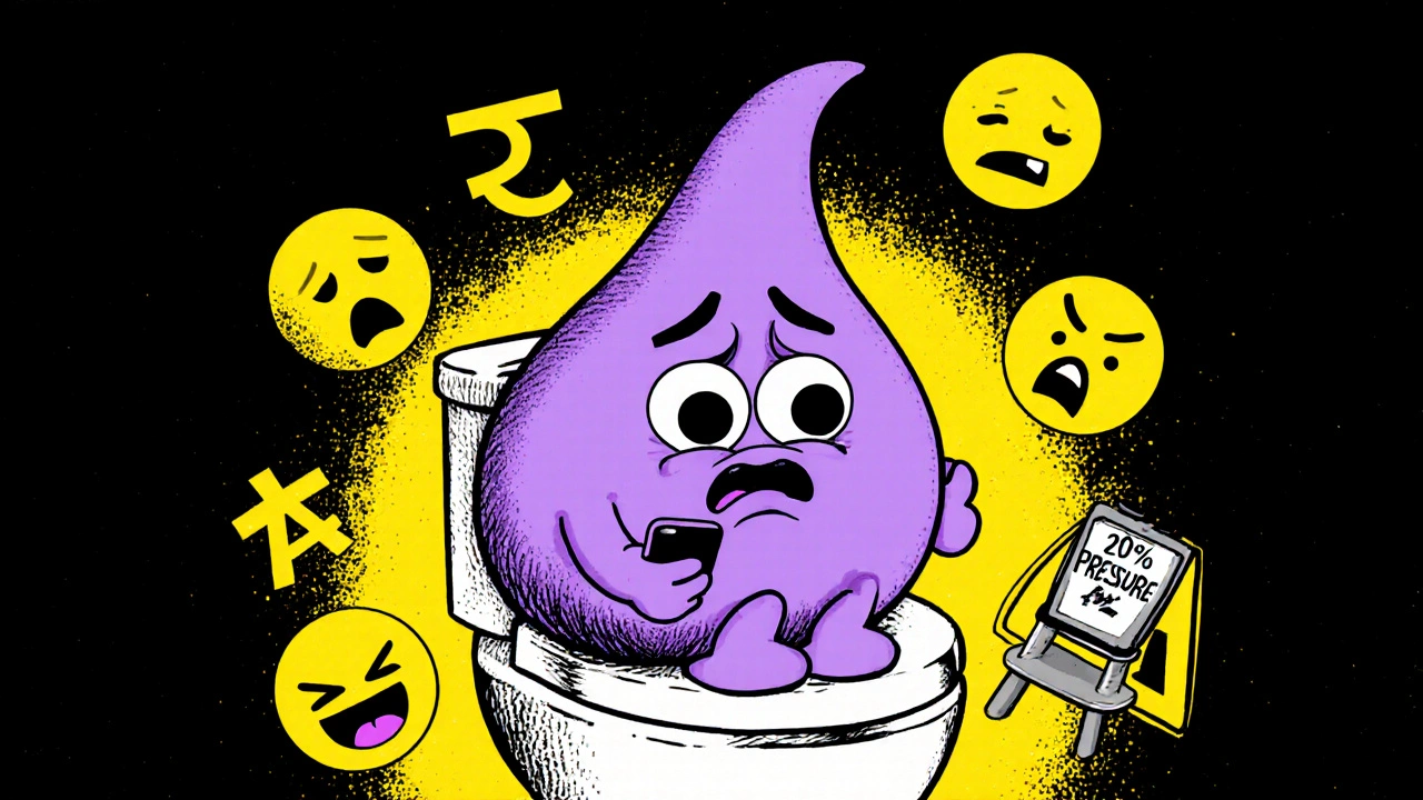 A swollen, sad external hemorrhoid on a toilet with emojis, drawn in Adult Swim cartoon style.