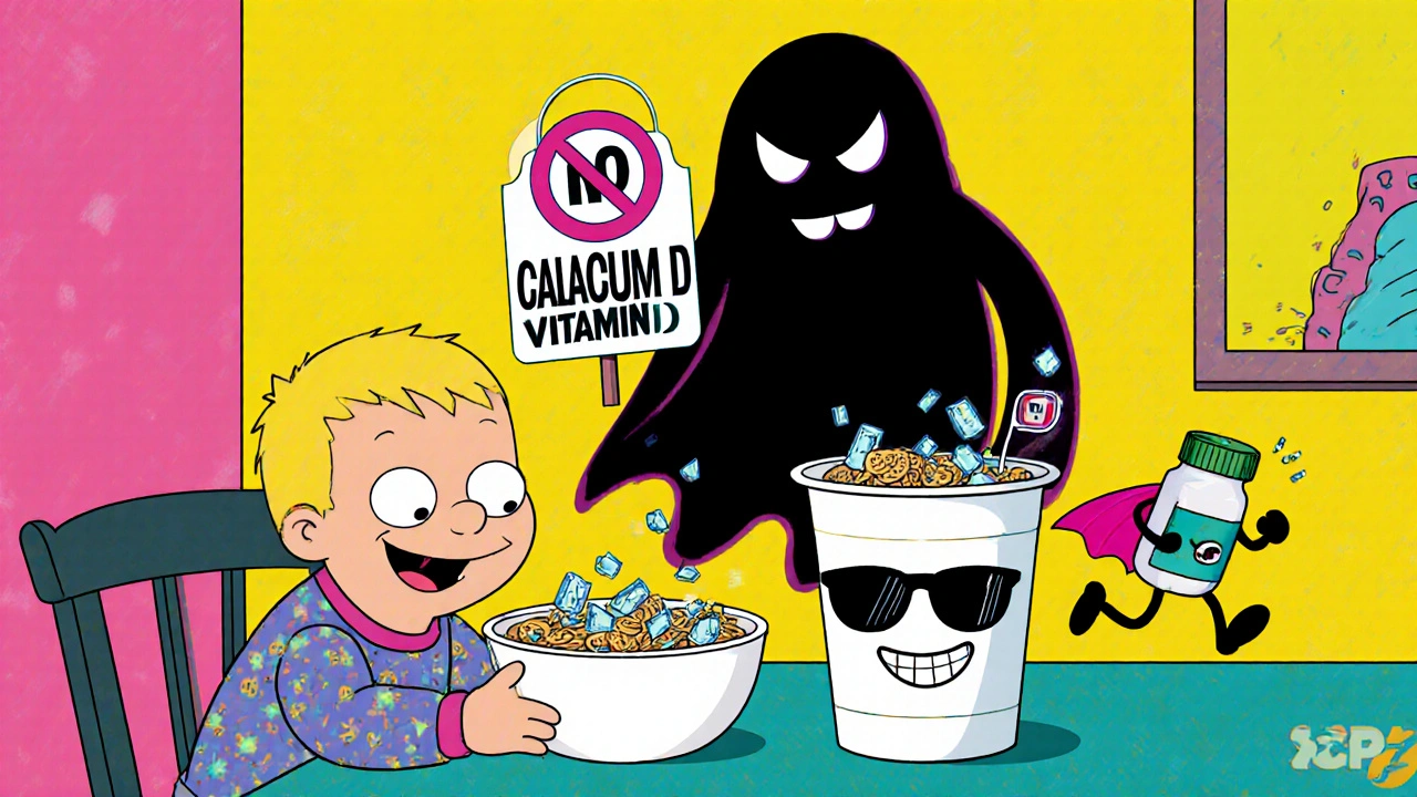 A toddler eating yogurt with animated calcium crystals while a spooky unfortified plant milk ghost looms.