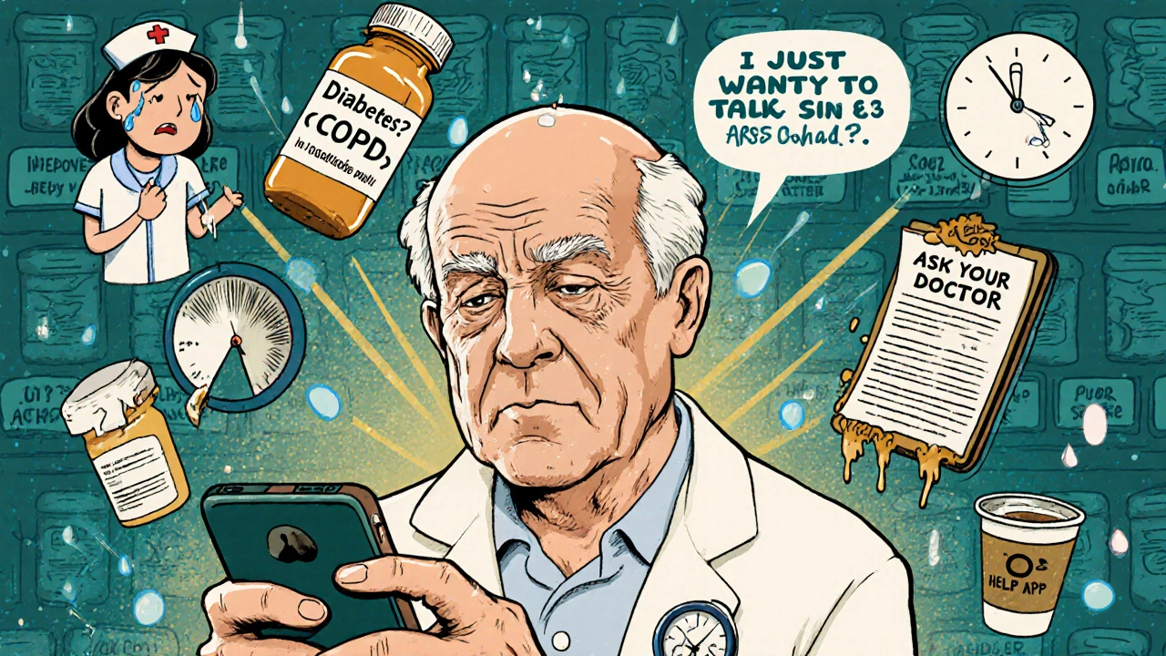 An elderly man struggling with a complex health app surrounded by broken medical icons and confusion.