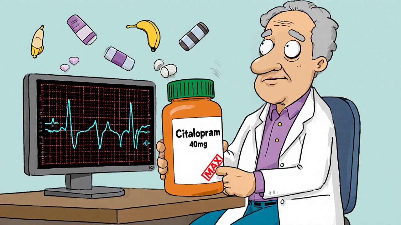 An elderly patient with a giant pill bottle and an ECG monitor showing a rollercoaster rhythm.