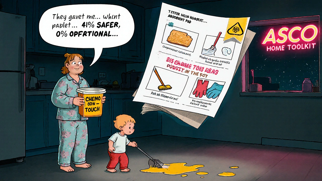 Caregiver and toddler near chemo spill, giant floating instructions showing proper cleanup steps.