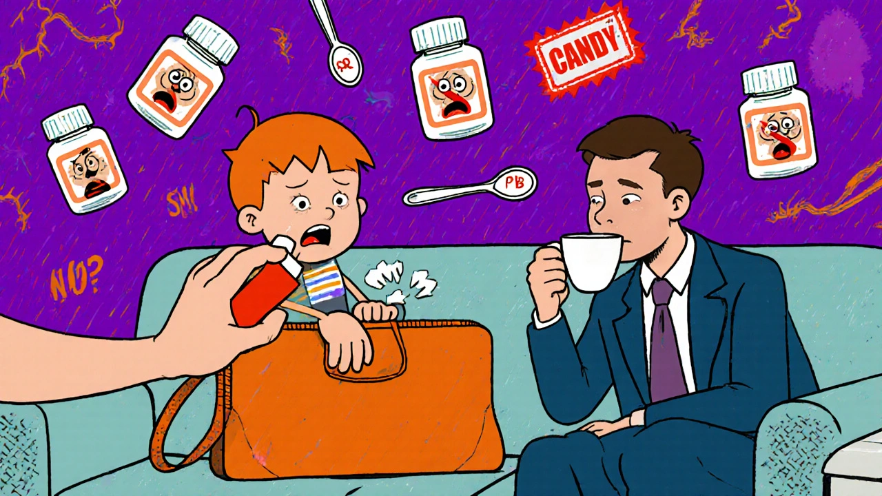 Child pulling an inhaler from a purse on the couch as a guest looks on unknowingly.