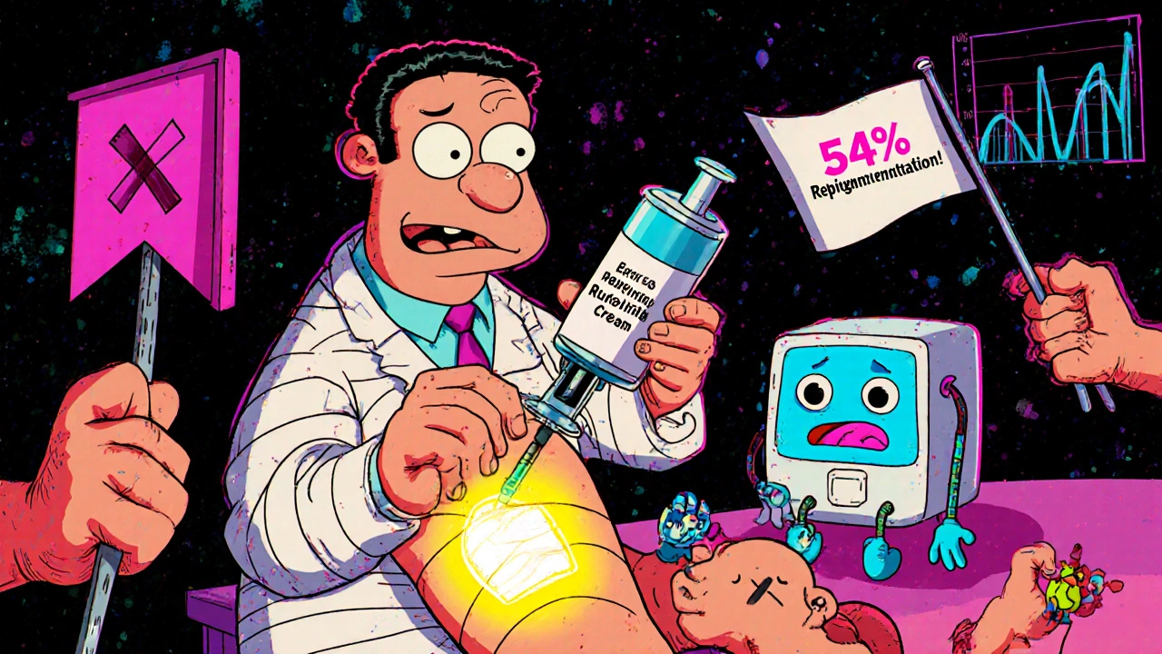 Dermatologist injecting ruxolitinib cream into skin while phototherapy device waves a flag, hands and feet with X&#039;s in corner, vibrant cartoon style.