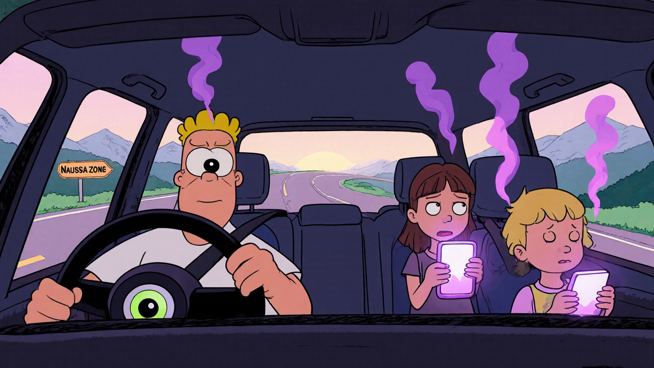 Driver looking at horizon while kids in back use tablets emitting purple smoke, fresh air blowing in from window.