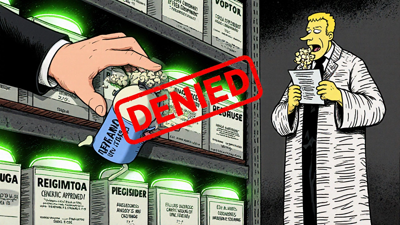 FDA-approved generic drugs stamped &#039;DENIED&#039; by a giant hand while one pill protests.