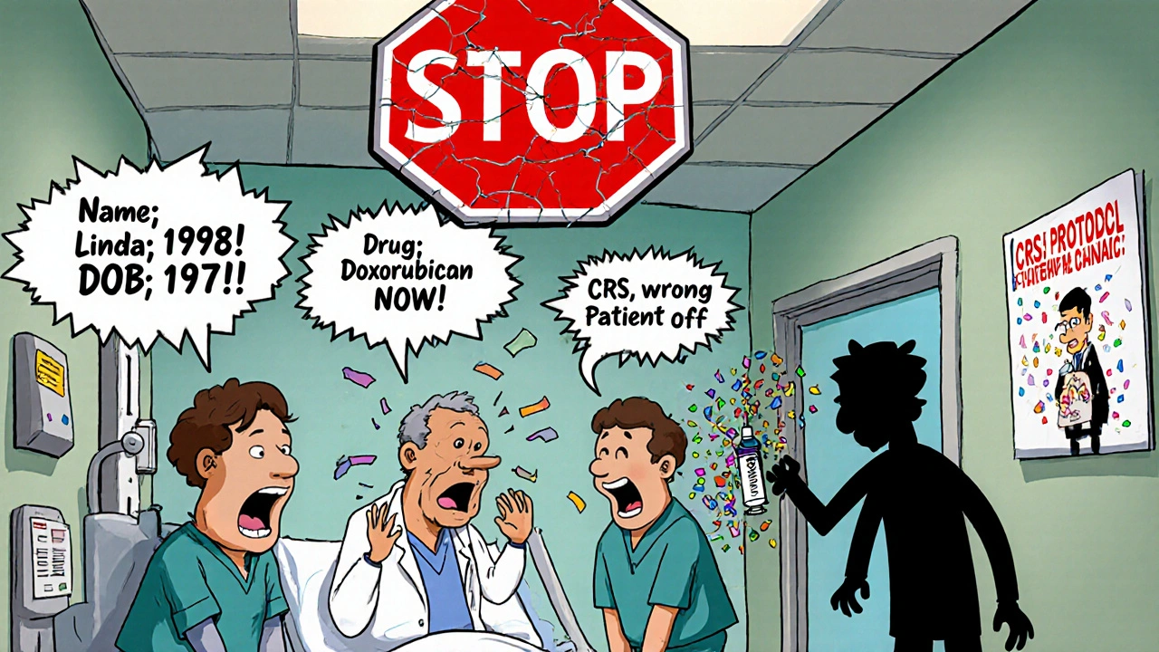 Four clinicians verifying patient info at bedside with a giant STOP sign and a sneaky nurse with a wrong syringe.