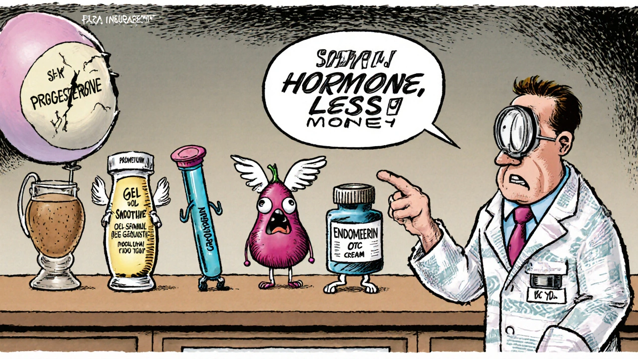 Kitchen counter with five absurd progesterone &#039;recipes&#039; labeled in cartoon style, a doctor pointing to the affordable generic capsule.