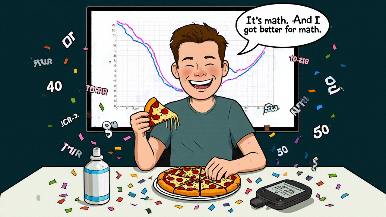 Man eating pizza with math equations turning to confetti, crushed insulin bottle, CGM monitor showing stable glucose line