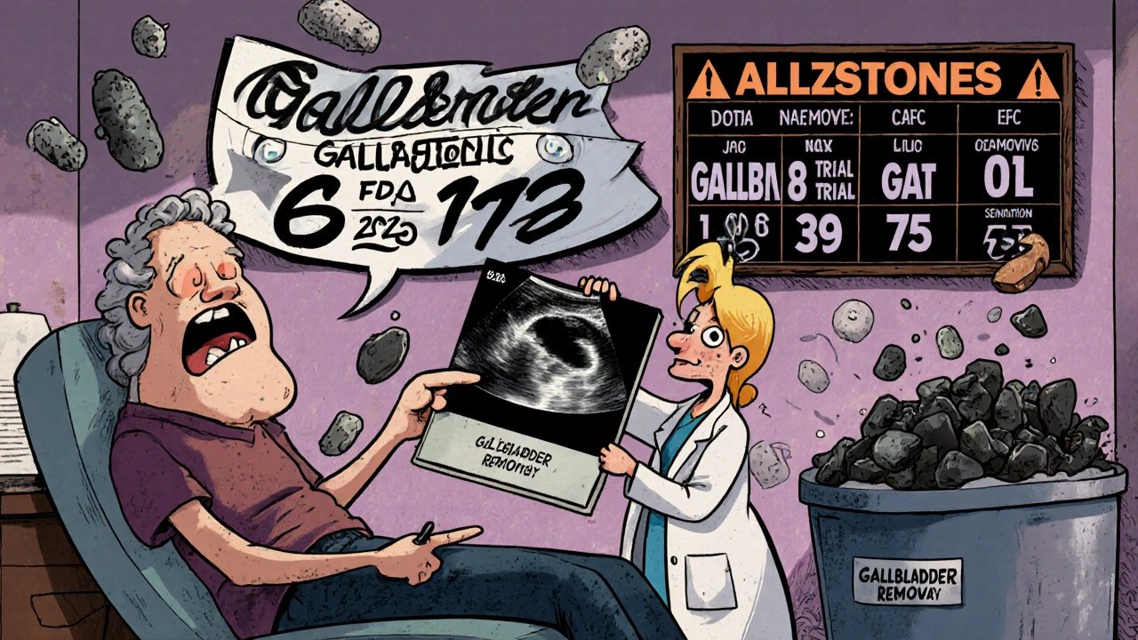 Patient shows ultrasound with gallstones as doctor points to FDA warning, in satirical Adult Swim art style.