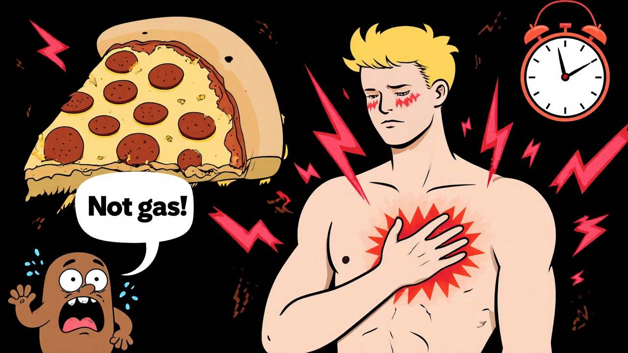 Person clutching right abdomen after eating pizza, with pain radiating to shoulder in bold cartoon style.
