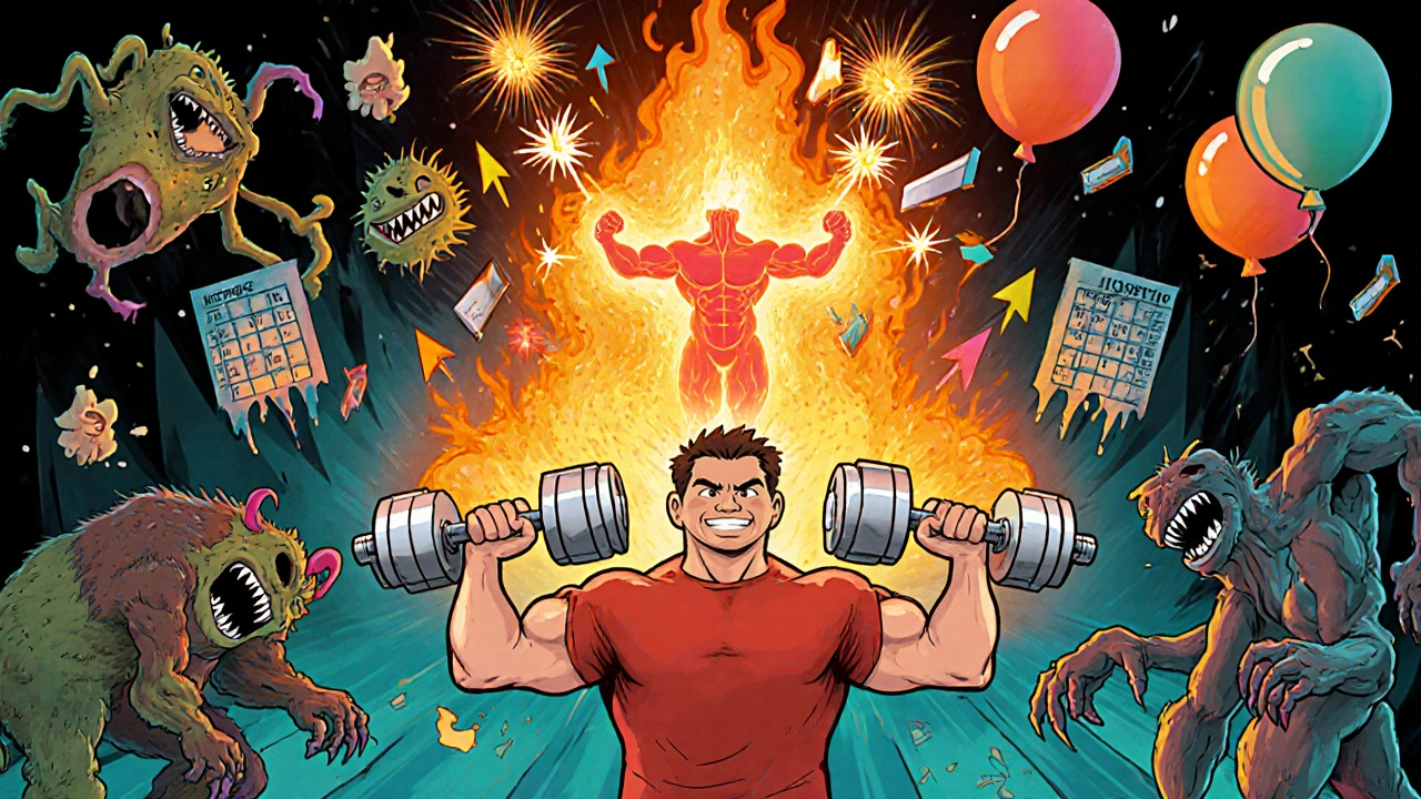 Person lifting weights as their body becomes a glowing furnace with brown fat sparks and leptin arrows rising.