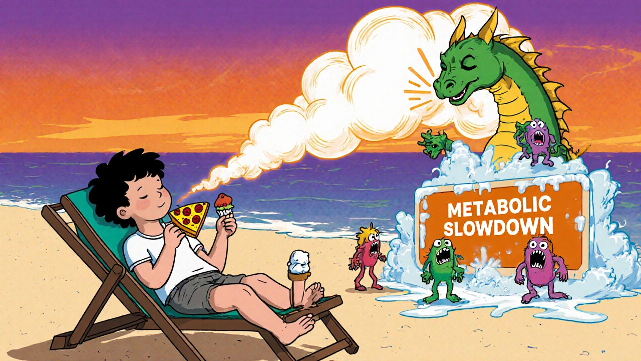 Person relaxing on a beach during a diet break as a dragon-like metabolism wakes up and melts a slowdown sign.
