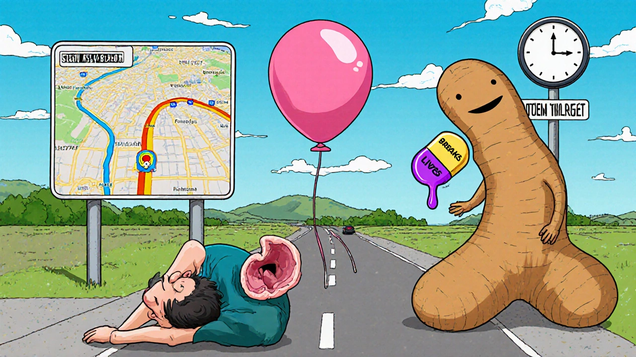 Person stretching with inner ear as a balloon, giant ginger root eating a pill, smooth highway in background.