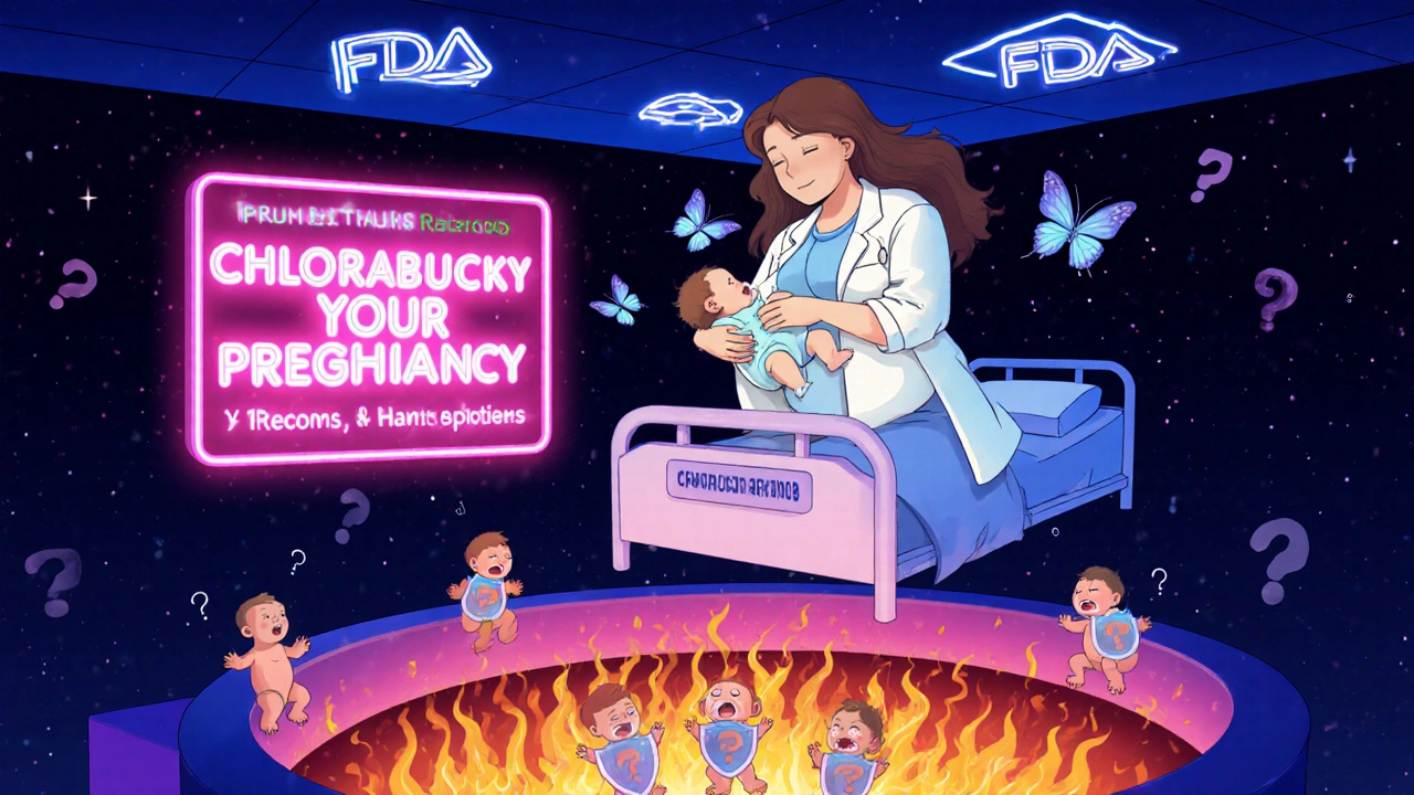 Pregnant woman breastfeeding with safe pills like butterflies, dangerous drugs below in a pit, neon sign about pregnancy registries.