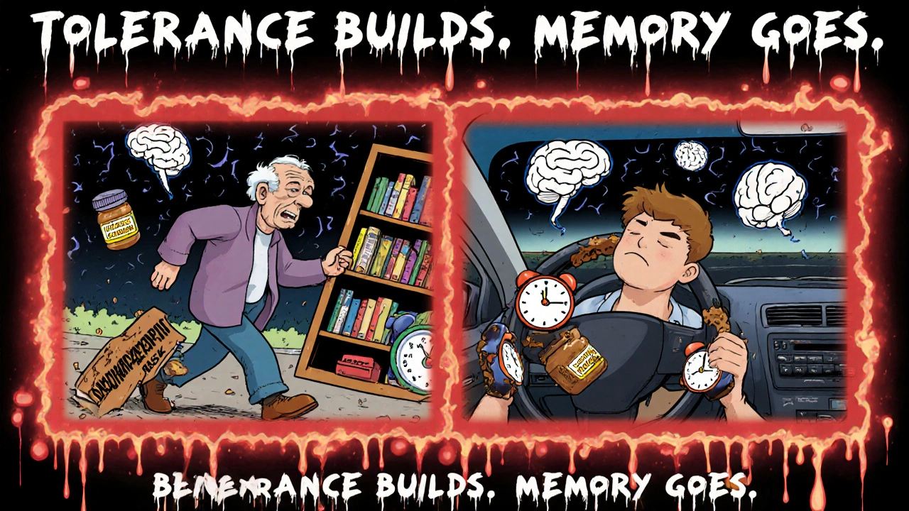 Split scene: elderly person stumbling and someone sleep-driving with peanut butter, both framed by warning text.