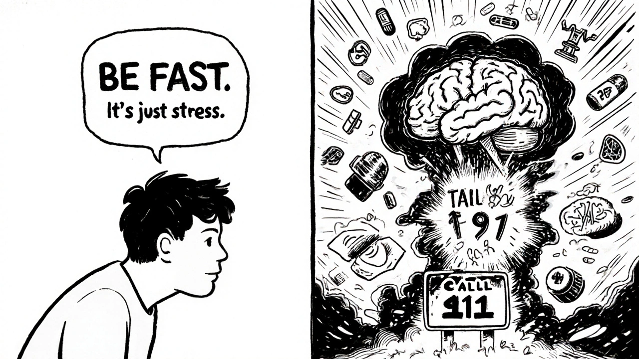 Split scene: one side ignores symptoms, the other explodes into medical chaos with a screaming &#039;CALL 911&#039; sign.