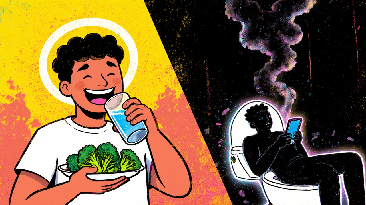 Split-screen: healthy lifestyle vs. bad habits causing hemorrhoid monsters in Adult Swim art style.