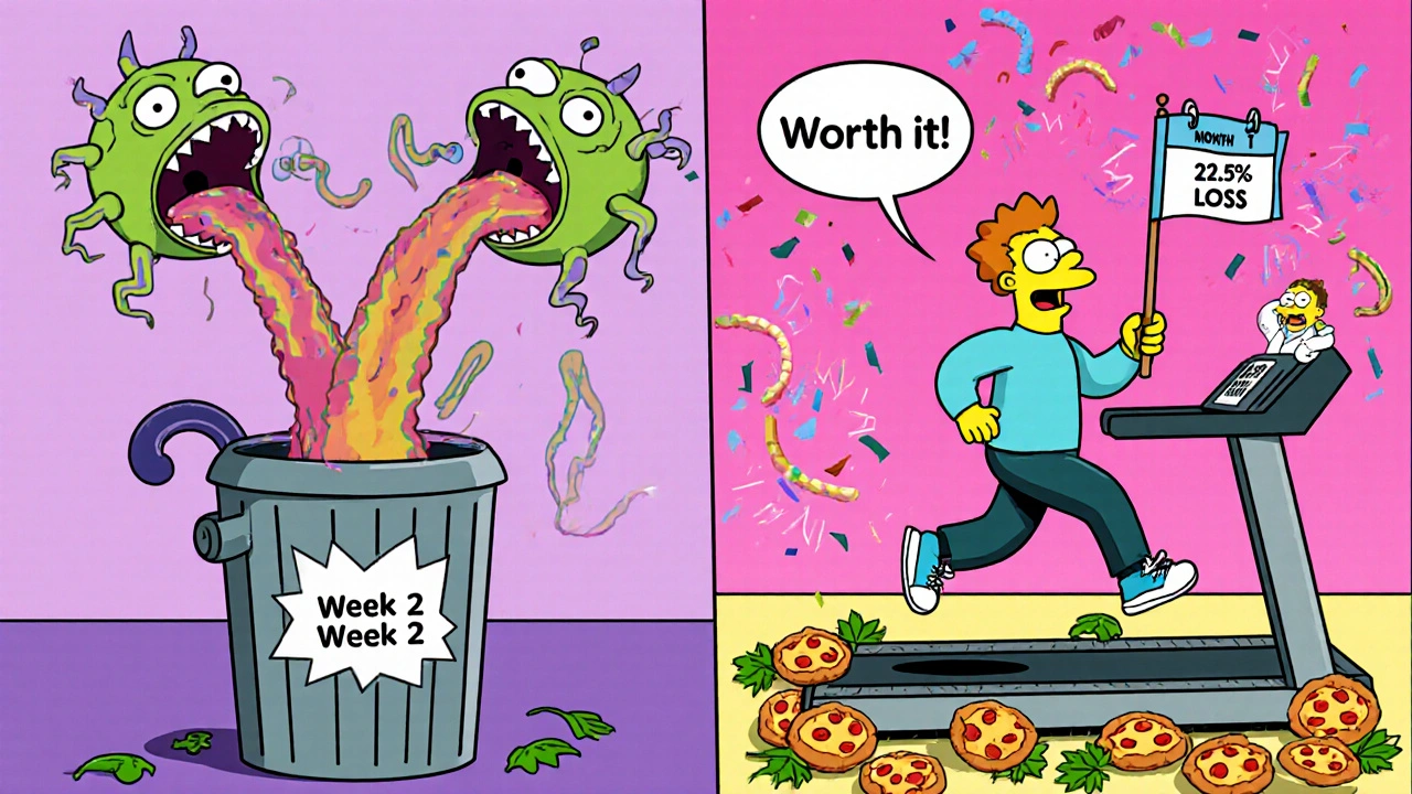 Split-screen: left shows nausea and vomiting, right shows the same person jogging happily with a &#039;22.5% Loss&#039; flag.
