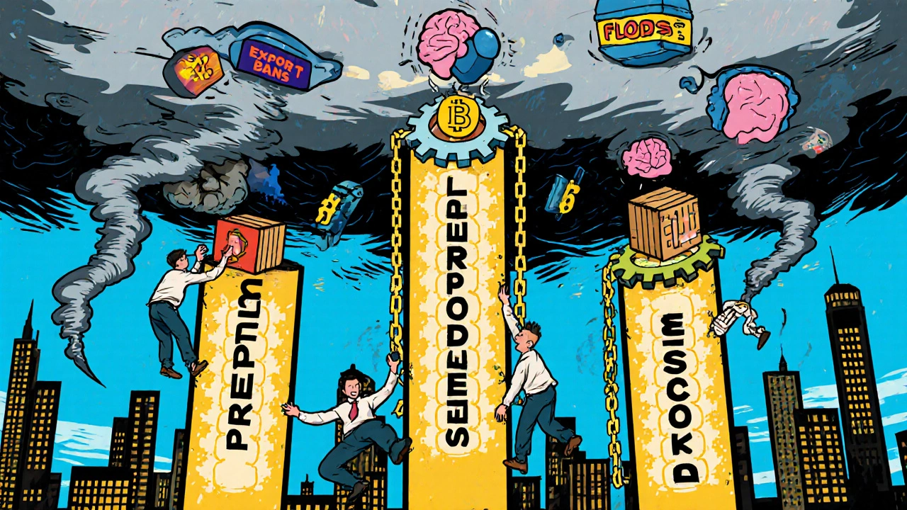 Three pillars of resilience built from gears and chains in a surreal city, corporate figures reinforcing them amid global hazards.