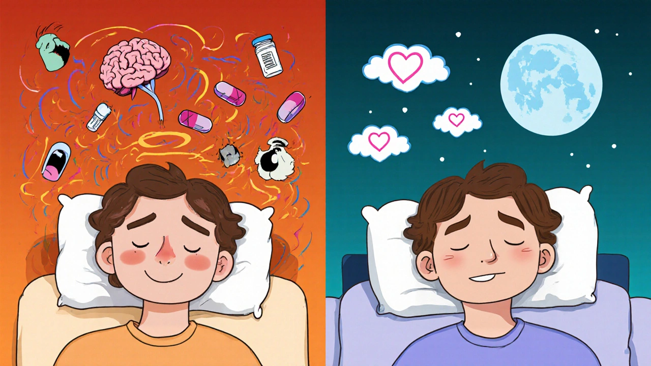 Two people sleeping side by side—one tormented by dreams, one peaceful—showing different statin effects.