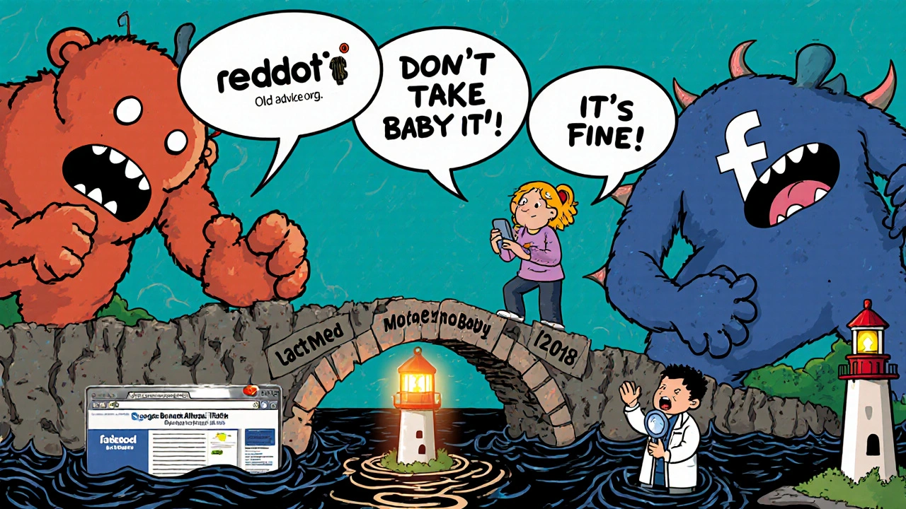 Woman on a crumbling bridge of old advice, with trusted medical sites shining as lighthouses.