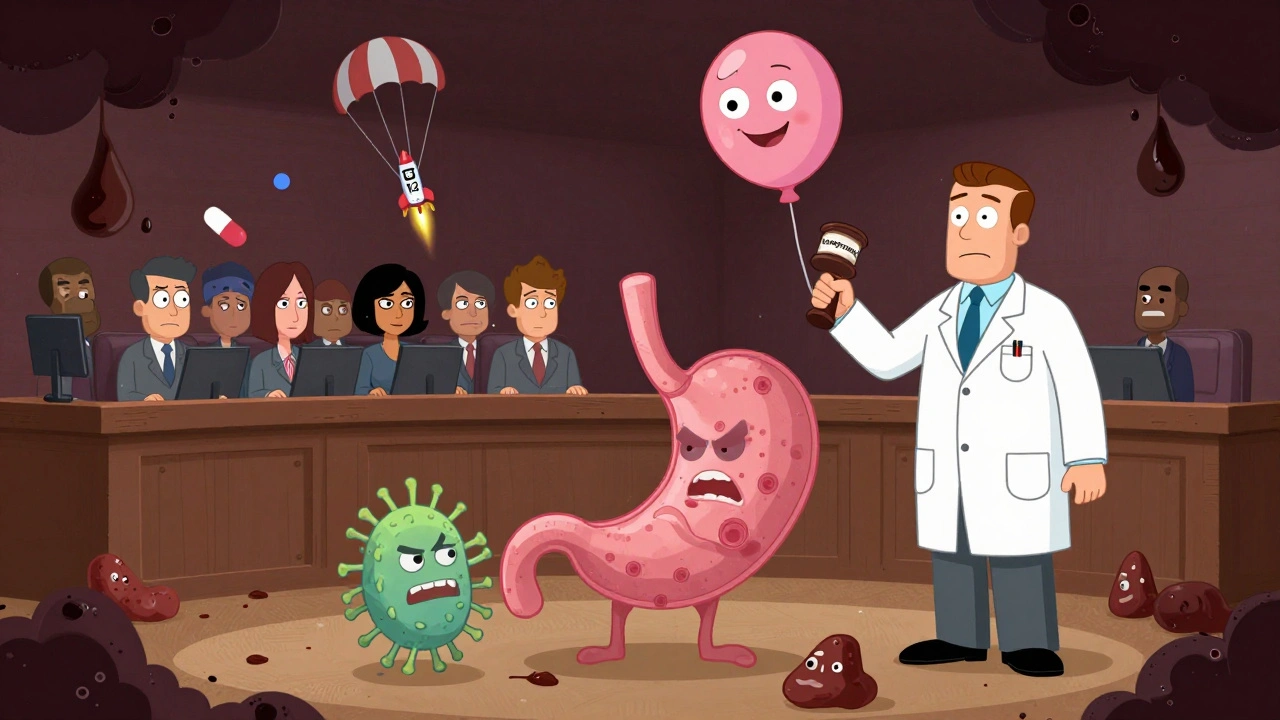 A courtroom inside a stomach where H. pylori is on trial, judged by cells with Vonoprazan as the gavel.
