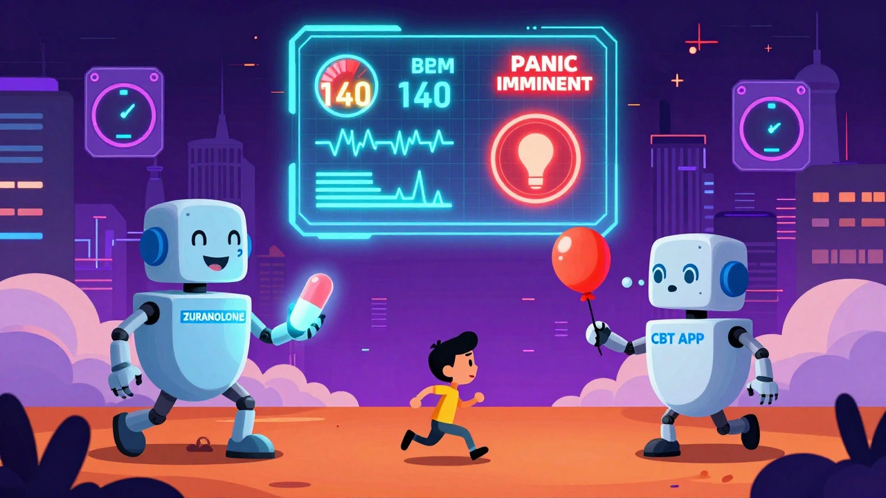 A digital biometric interface above a person&#039;s head with panic alerts and AI therapy robots.