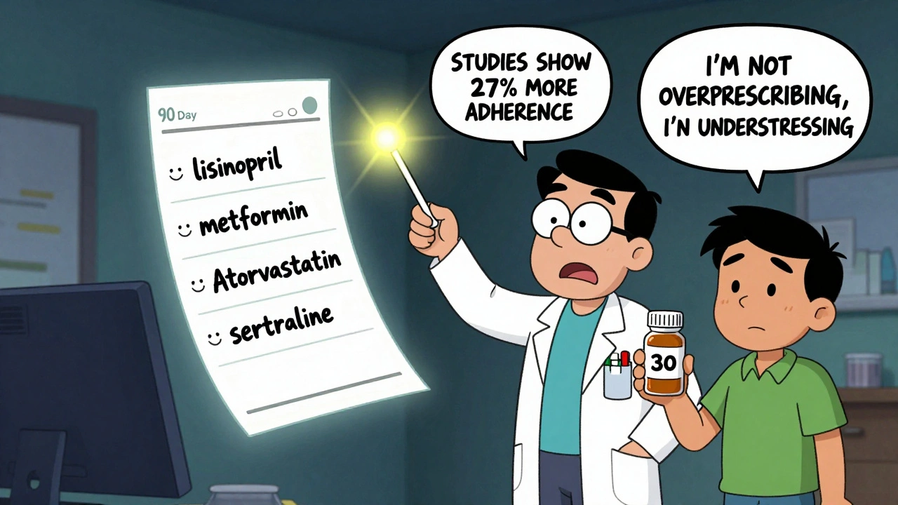 A doctor using a glowing prescription to transform frowning 30-day pills into happy 90-day bottles.