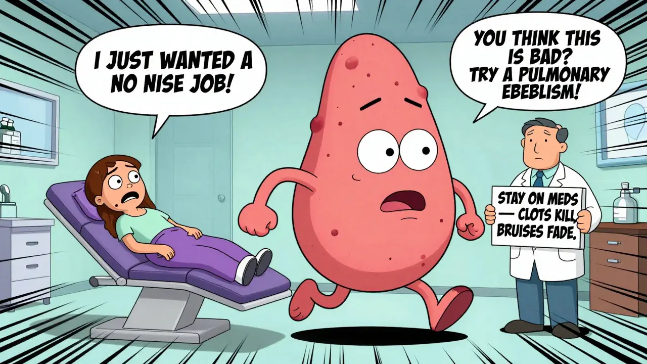 A giant cartoon bruise chasing a patient through a clinic while a doctor holds up a sign saying 'Stay on meds — clots kill.'