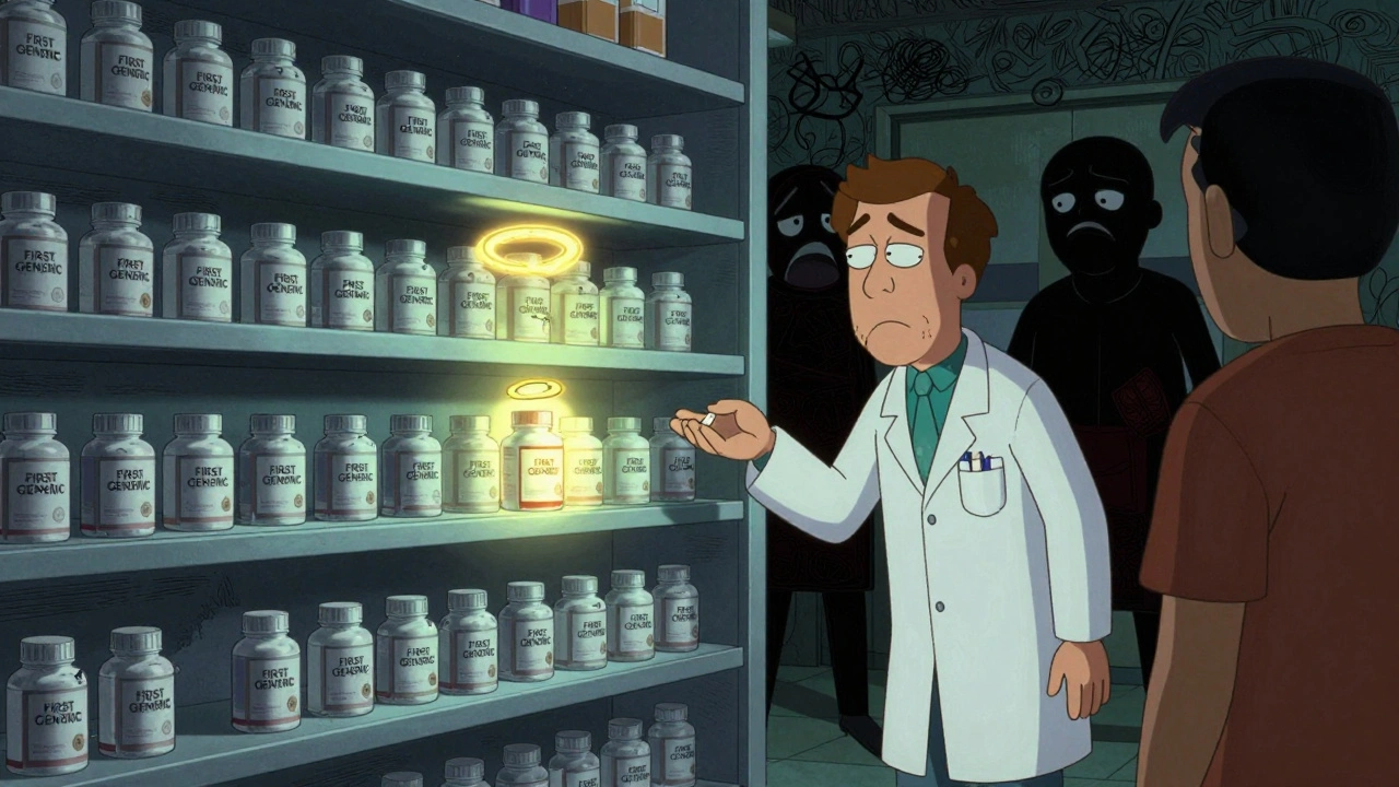 A glowing first generic pill on a pharmacy shelf while others fade away, with a patient reaching for it.