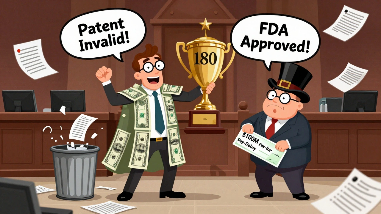 A lawyer in a dollar-bill cape celebrates winning 180 days of exclusivity in a courtroom.