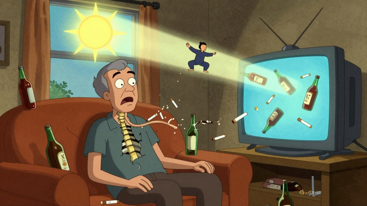 A man on a couch with alcohol and cigarettes, his spine thinning as a vitamin D sunbeam shines above.