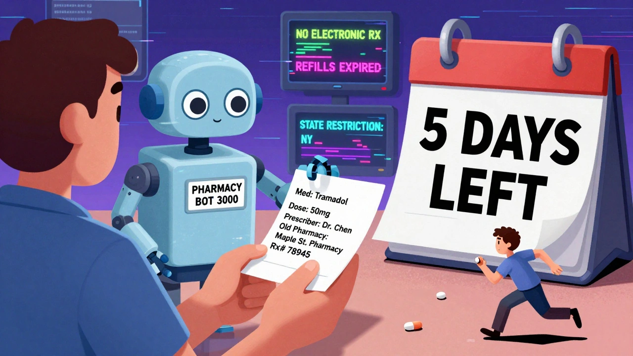 A patient gives a handwritten list to a quirky pharmacy robot while error messages flash on monitors behind them.