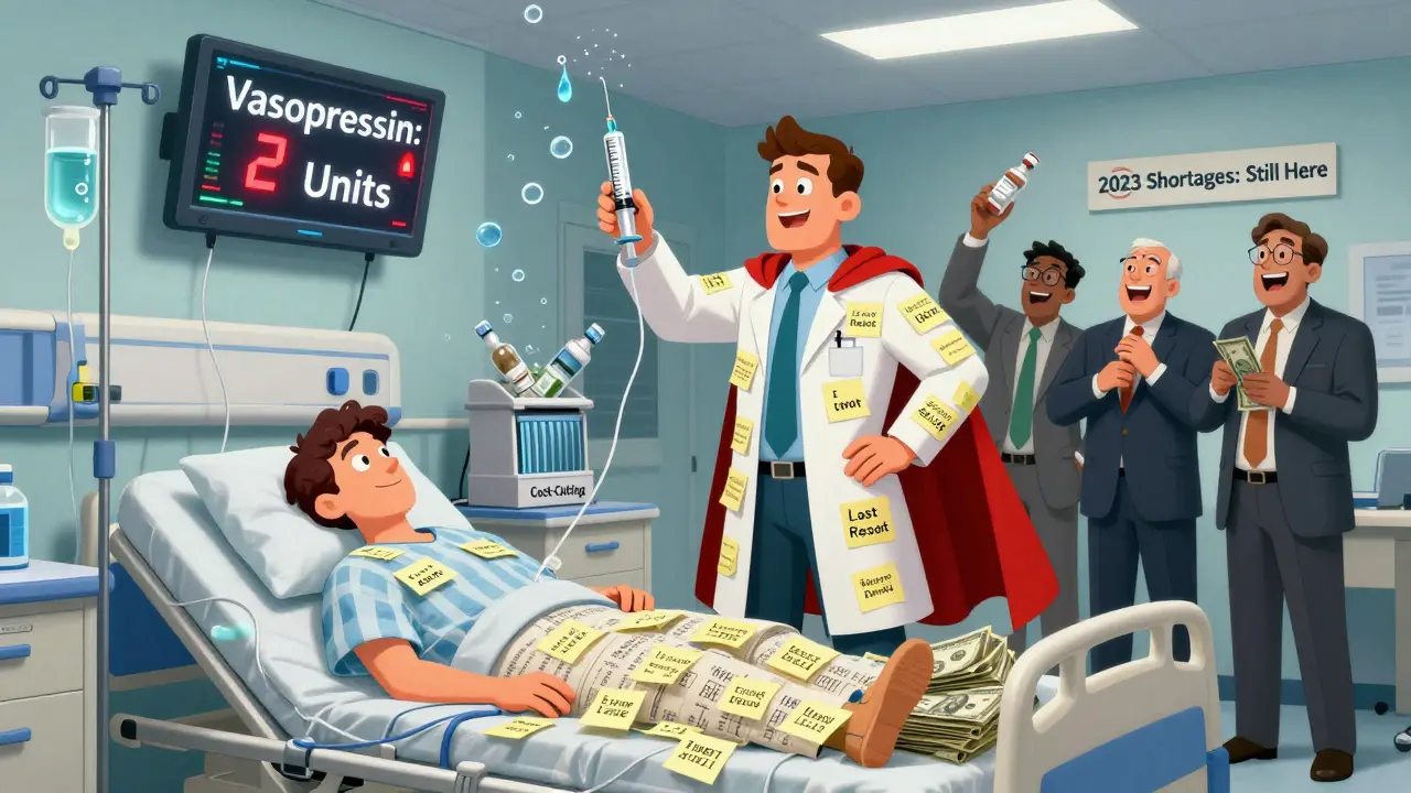 A patient on an IV with air bubbles as a pharmacist holds a duct-taped syringe, while executives toss drugs into a shredder.