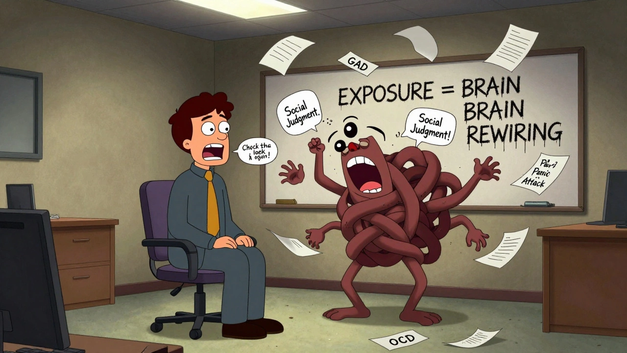 A person transforming into screaming mouths representing anxiety disorders in a therapy office.