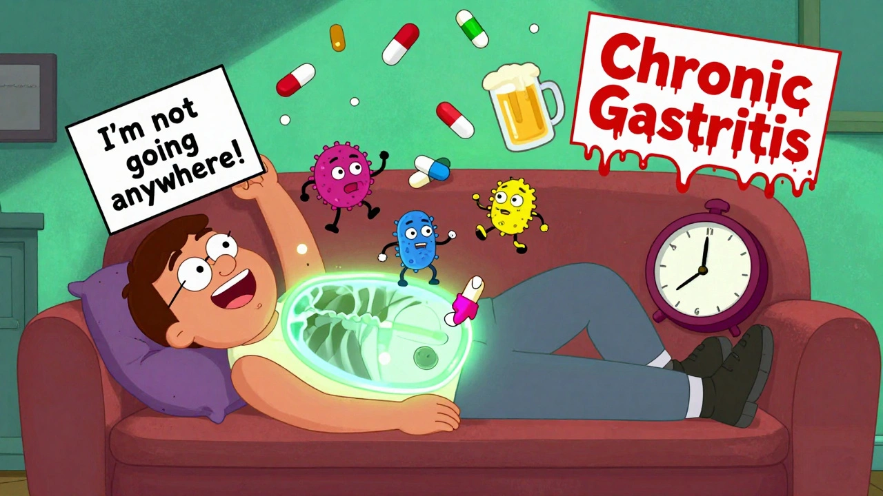 A person with an X-ray stomach showing H. pylori ninjas and NSAID pills raining down in bold cartoon style.