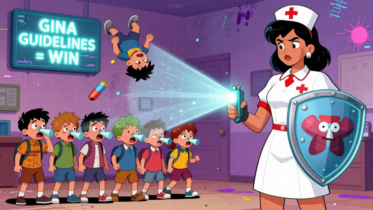 A school nurse using a glowing spacer to transform sick kids into healthy, energetic students.