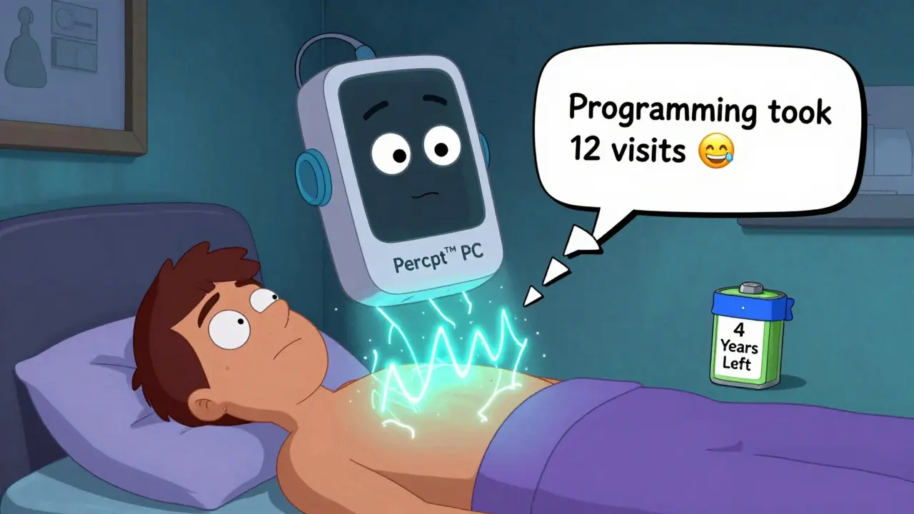 A sentient DBS device zapping a brainwave monster while a battery counts down with a Reddit comment nearby.