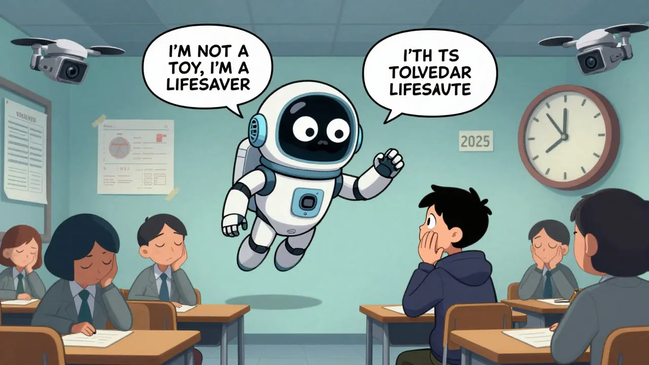A sentient spacer with eyes and a mustache teaching teachers and teens how to use it properly.