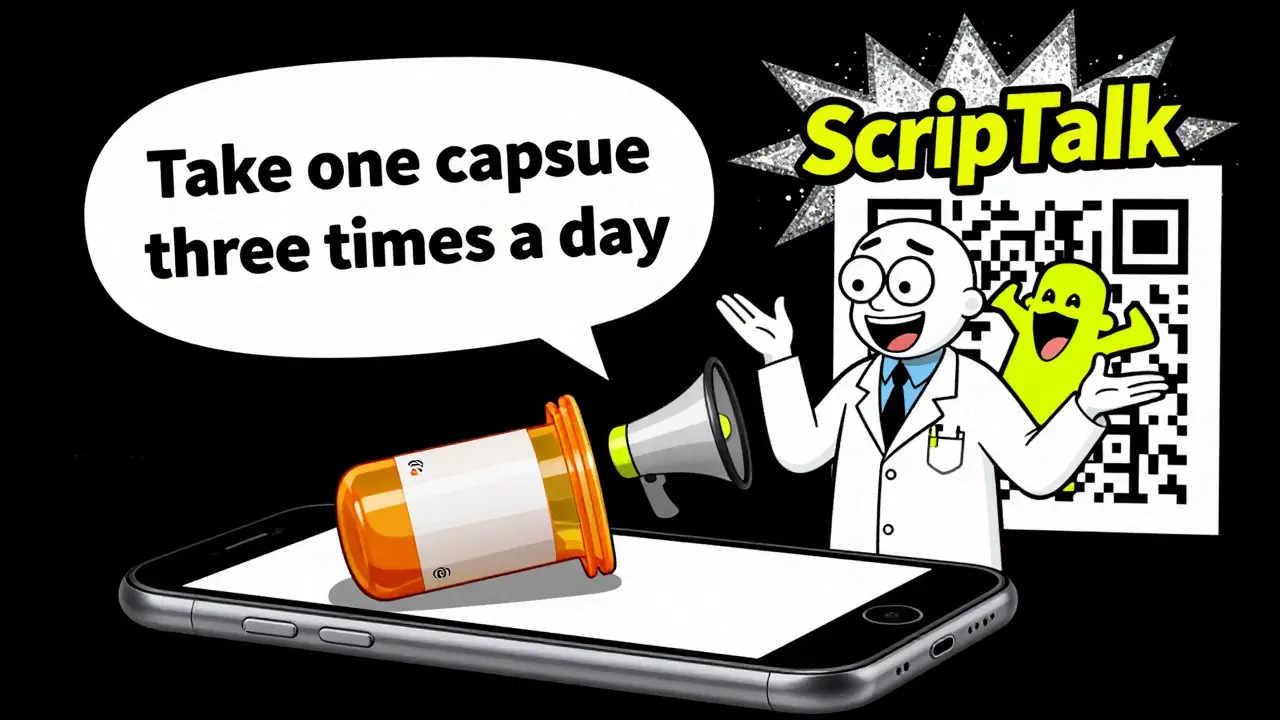 A smartphone tapping a pill bottle that emits a speech bubble with audible medication instructions in bouncy letters.