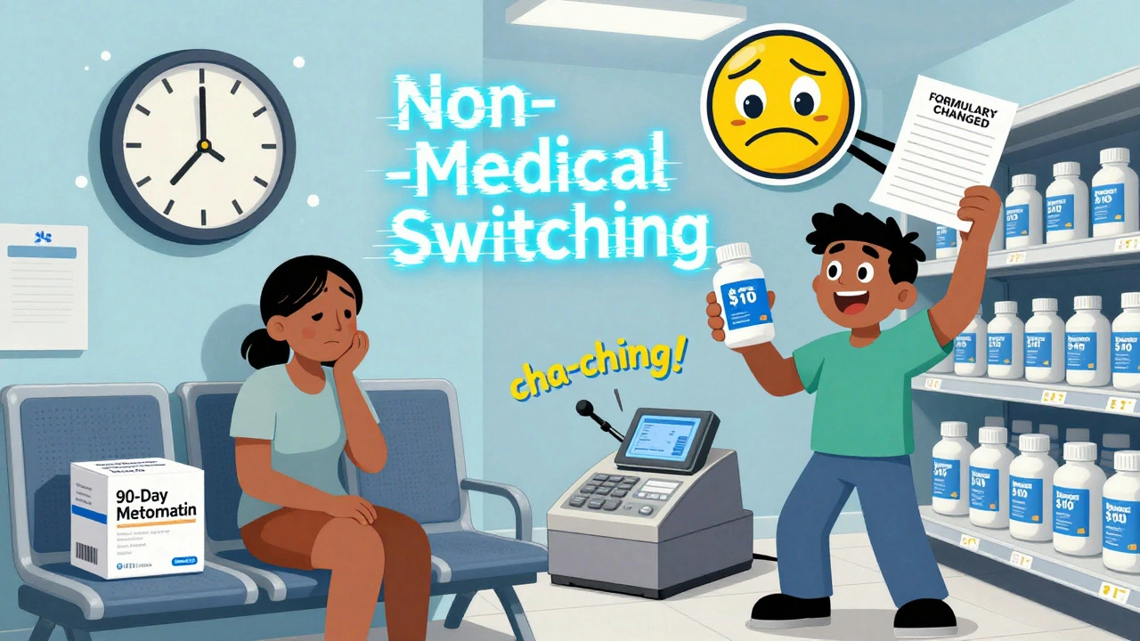 A split scene comparing mail-order delays to Walmart&#039;s low cash price for diabetes meds, with a looming insurance logo.