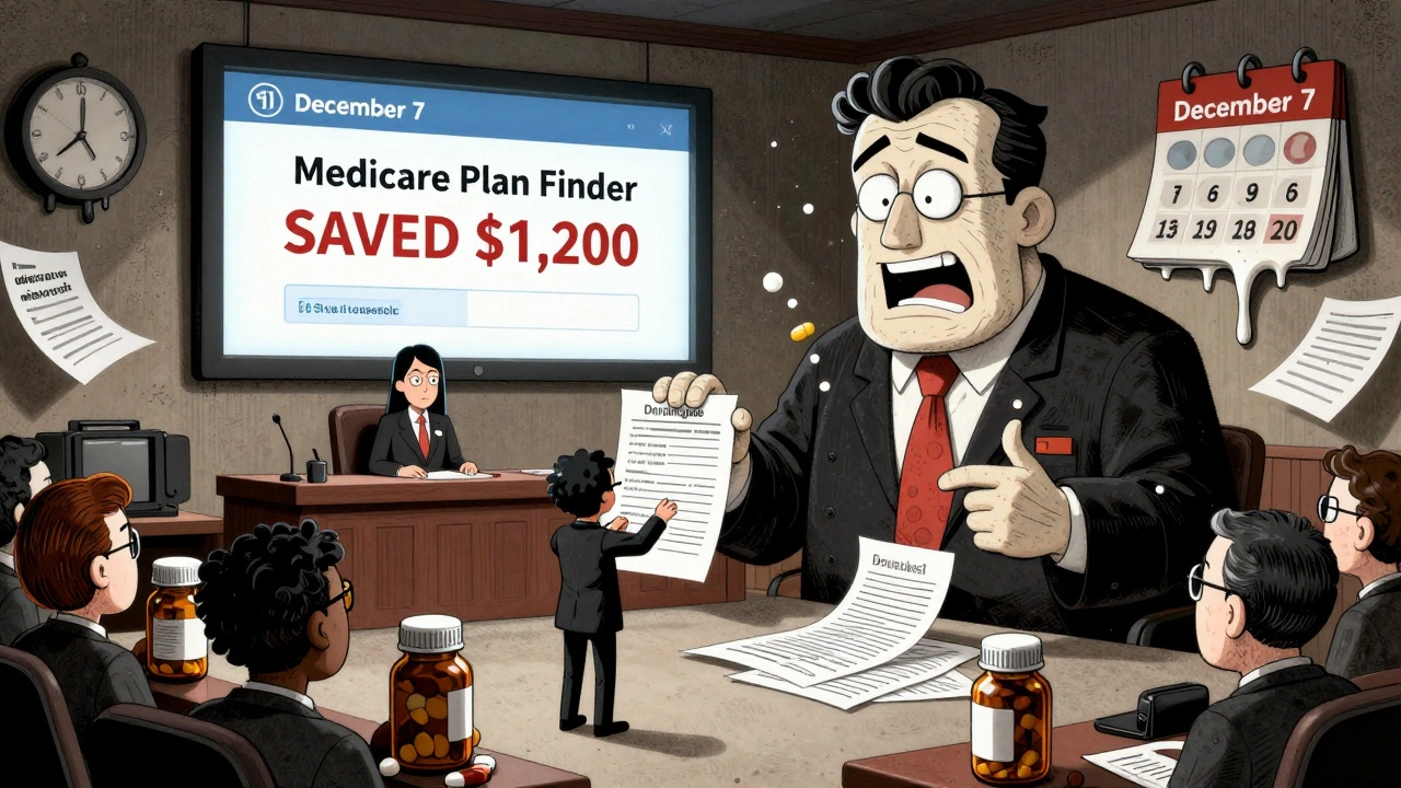A surreal courtroom where a beneficiary defends their medication needs against a judge made of paperwork and formularies.