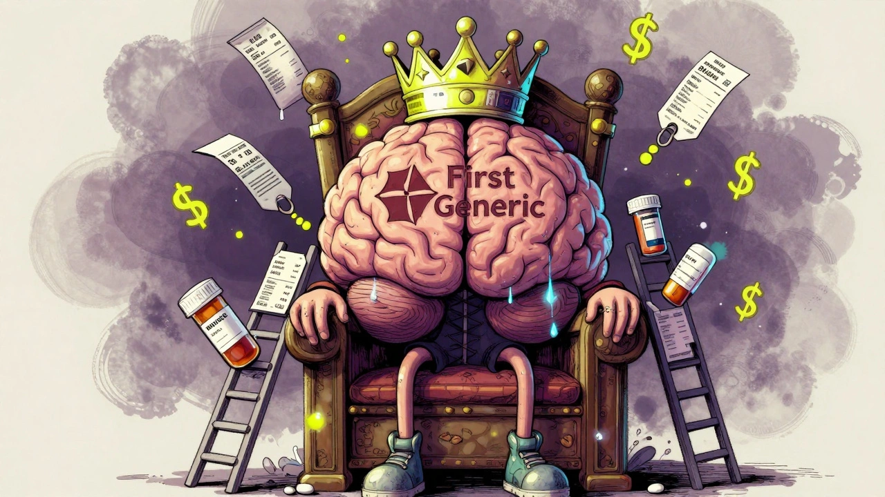 A throne-shaped brain with pharmacy receipts crowned by the first generic logo, others struggling to climb.